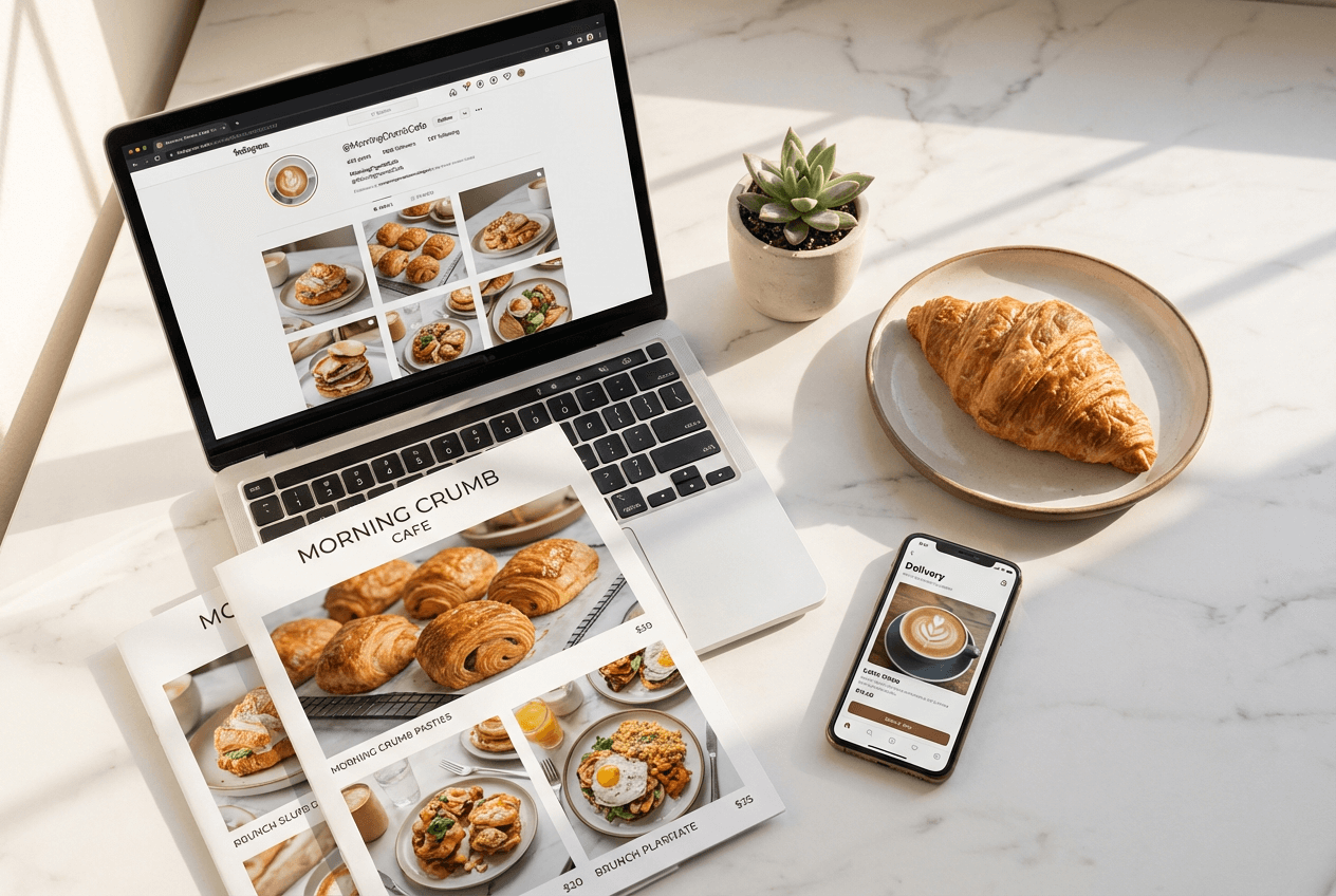 Фотографии еды на разных платформах: приложение доставки на телефоне, печатное меню ресторана и лента Instagram в социальных сетях