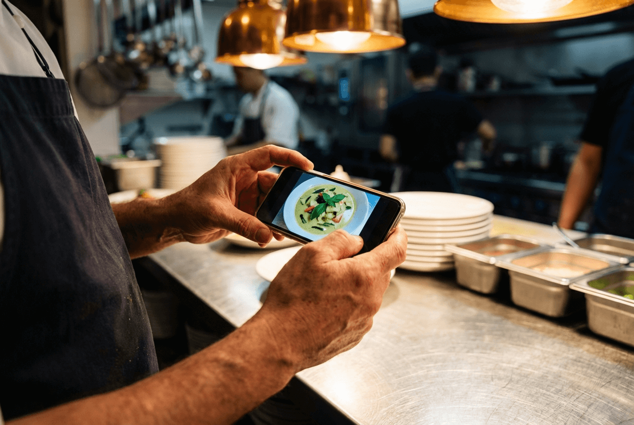 Владелец ресторана фотографирует блюдо на смартфон в профессиональной кухне для AI-редактирования фото еды
