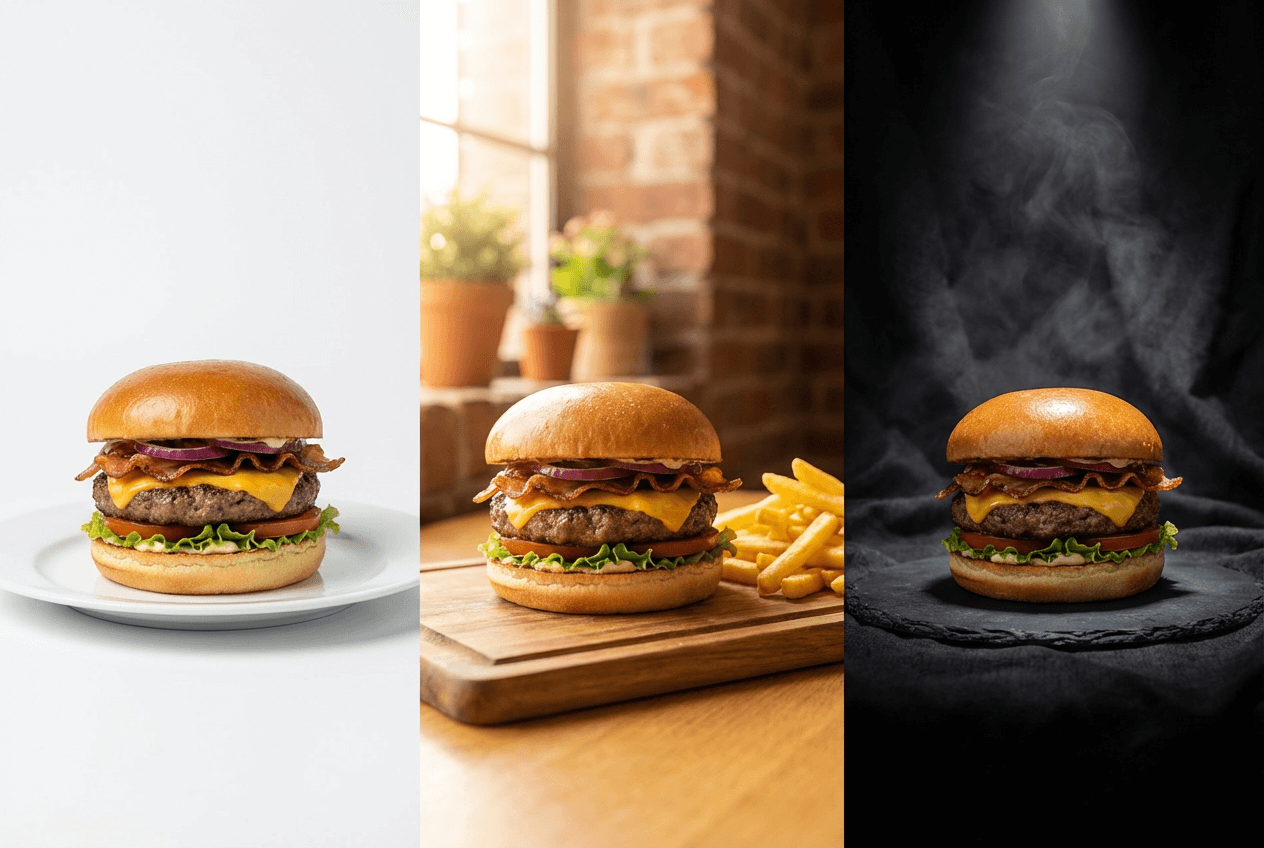 Один и тот же бургер в трёх стилях AI-фотографии еды: для приложения доставки, меню ресторана и подачи в стиле высокой кухни