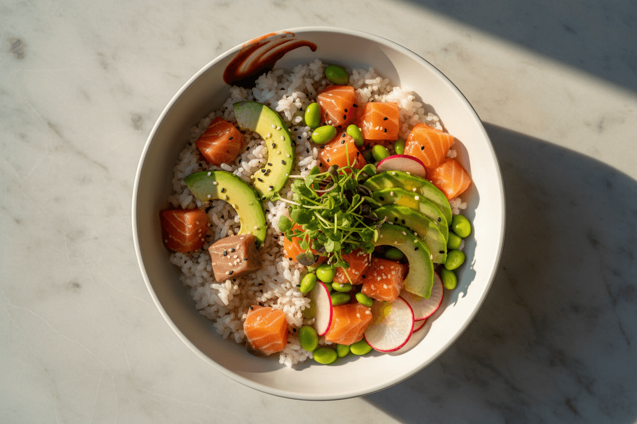 ИИ-стилизация и ретушь еды: боул поке до и после профессиональной обработки