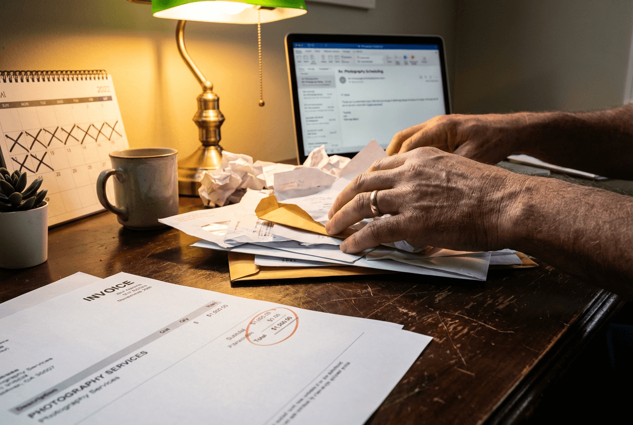 Restaurant owner reviewing expensive food photography invoices and scheduling delays on desk
