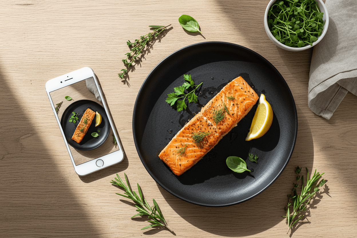 Smartphone photographing a plated salmon dish for AI food photography transformation