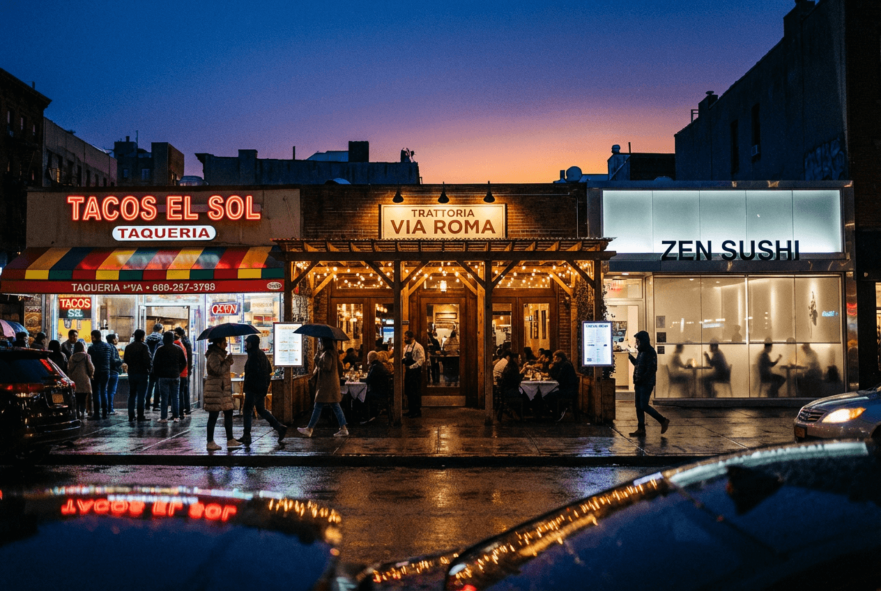 Urban restaurant row at twilight representing diverse food businesses in major cities across America