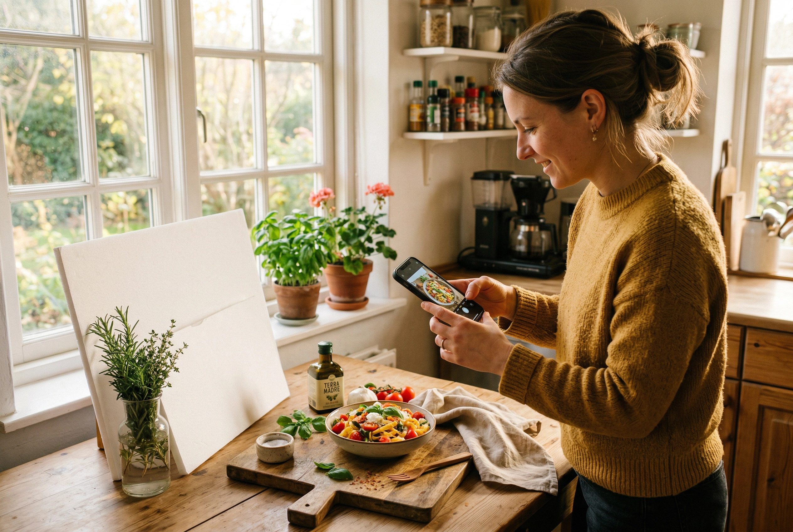 Person photographing homemade pasta with smartphone near a bright window in a home kitchen setup