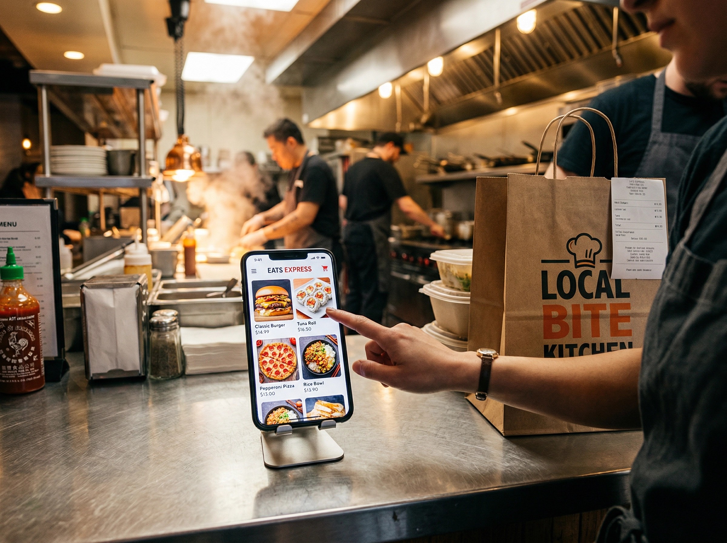 Smartphone displaying food delivery app menu photos on a restaurant counter next to a takeout bag