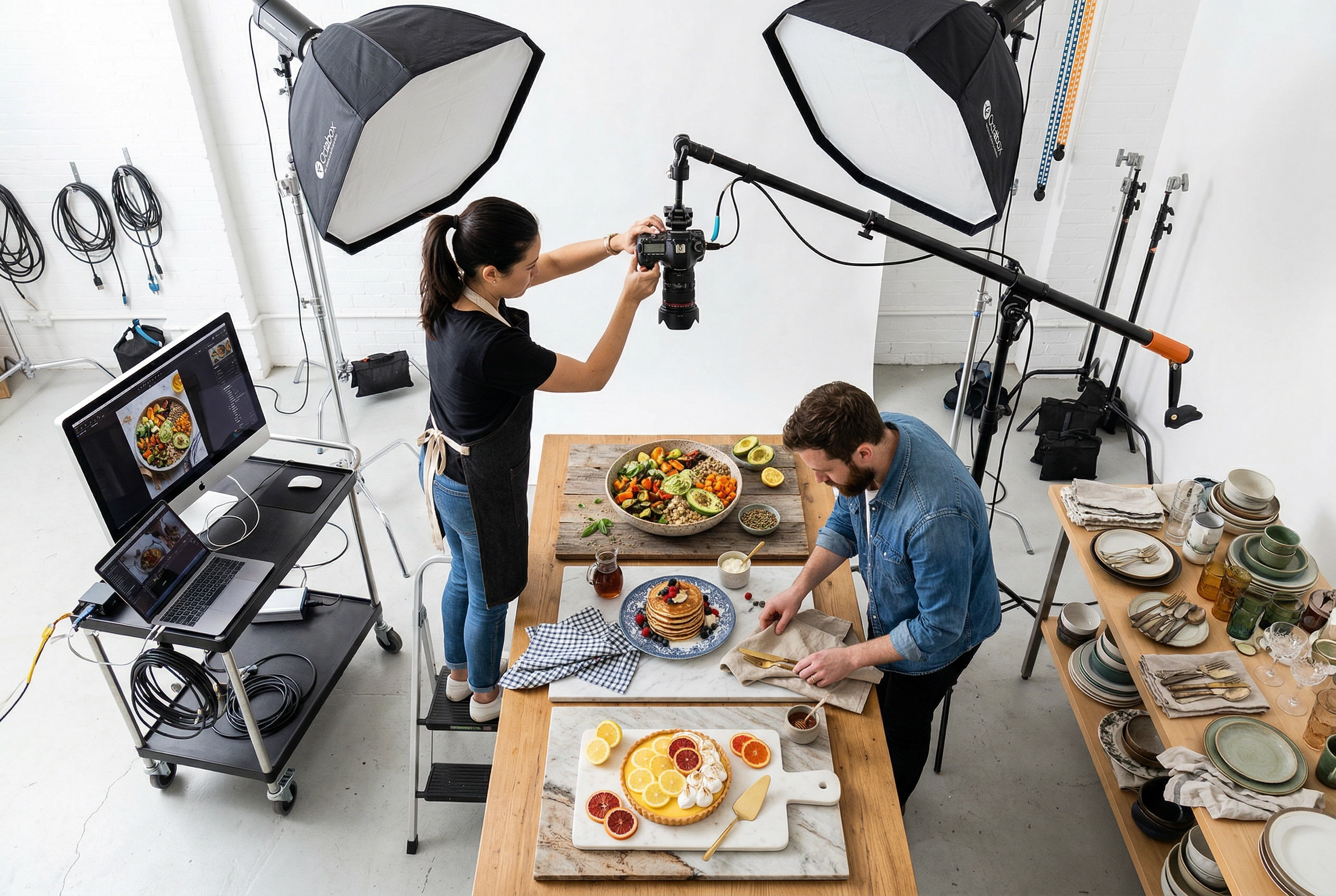 Bird's-eye view of a professional editorial food photography studio with styled dishes and lighting equipment