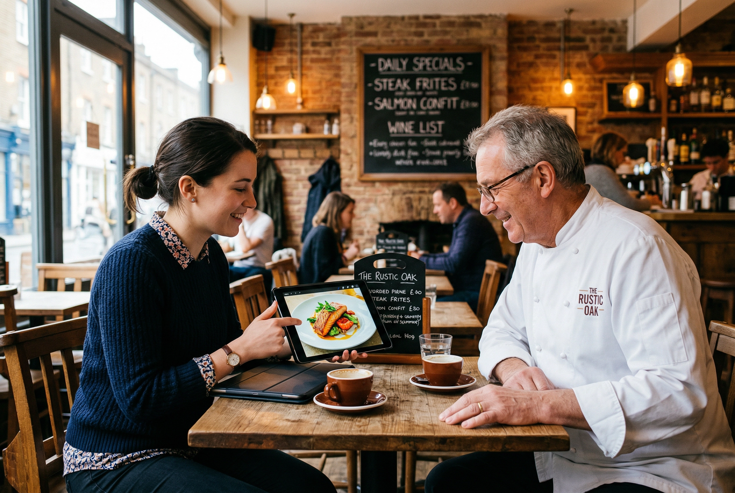 Food photographer presenting her portfolio on a tablet to a restaurant owner during a client meeting in a cafe