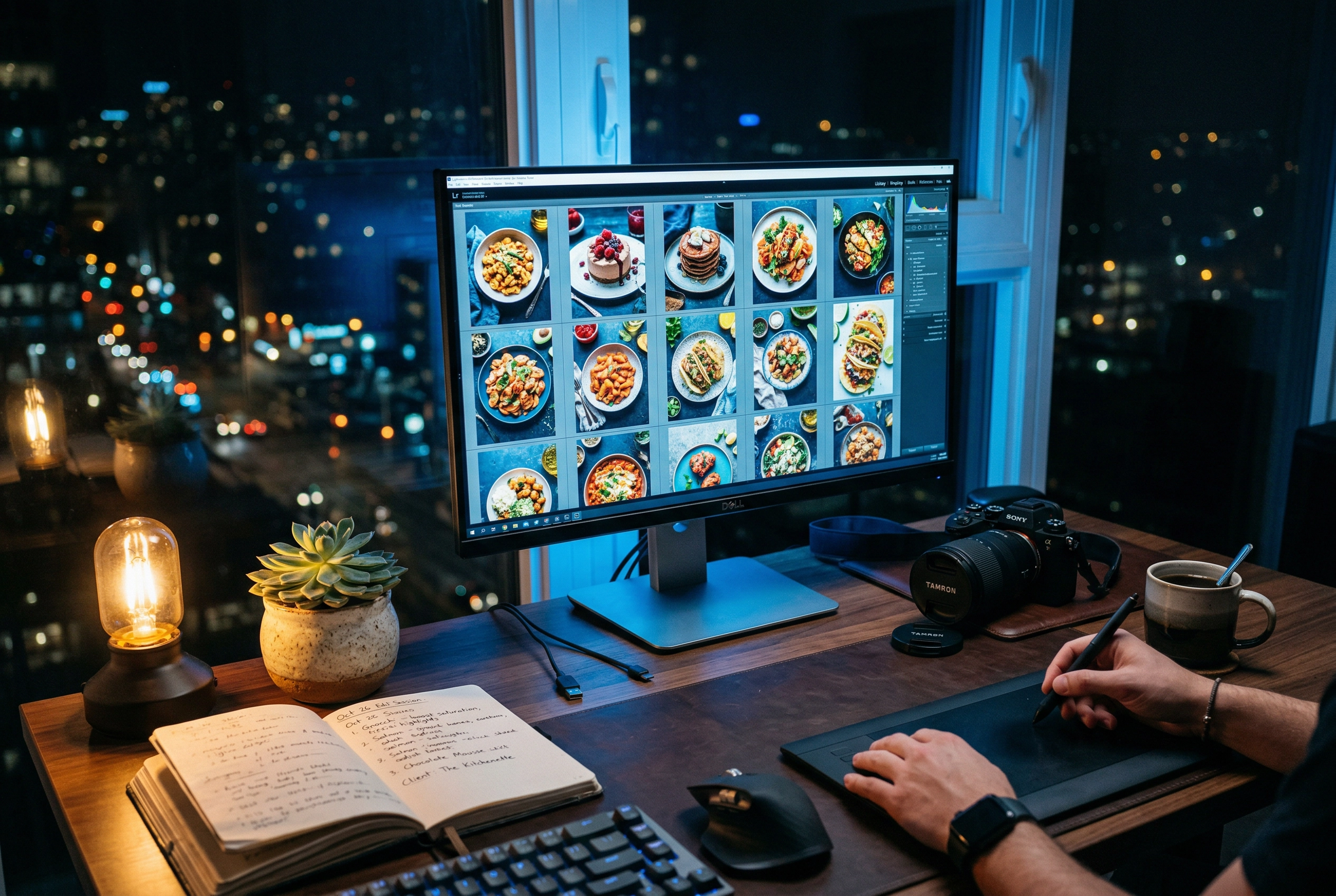 Food photographer's desk at night with monitor showing edited food photos and camera equipment