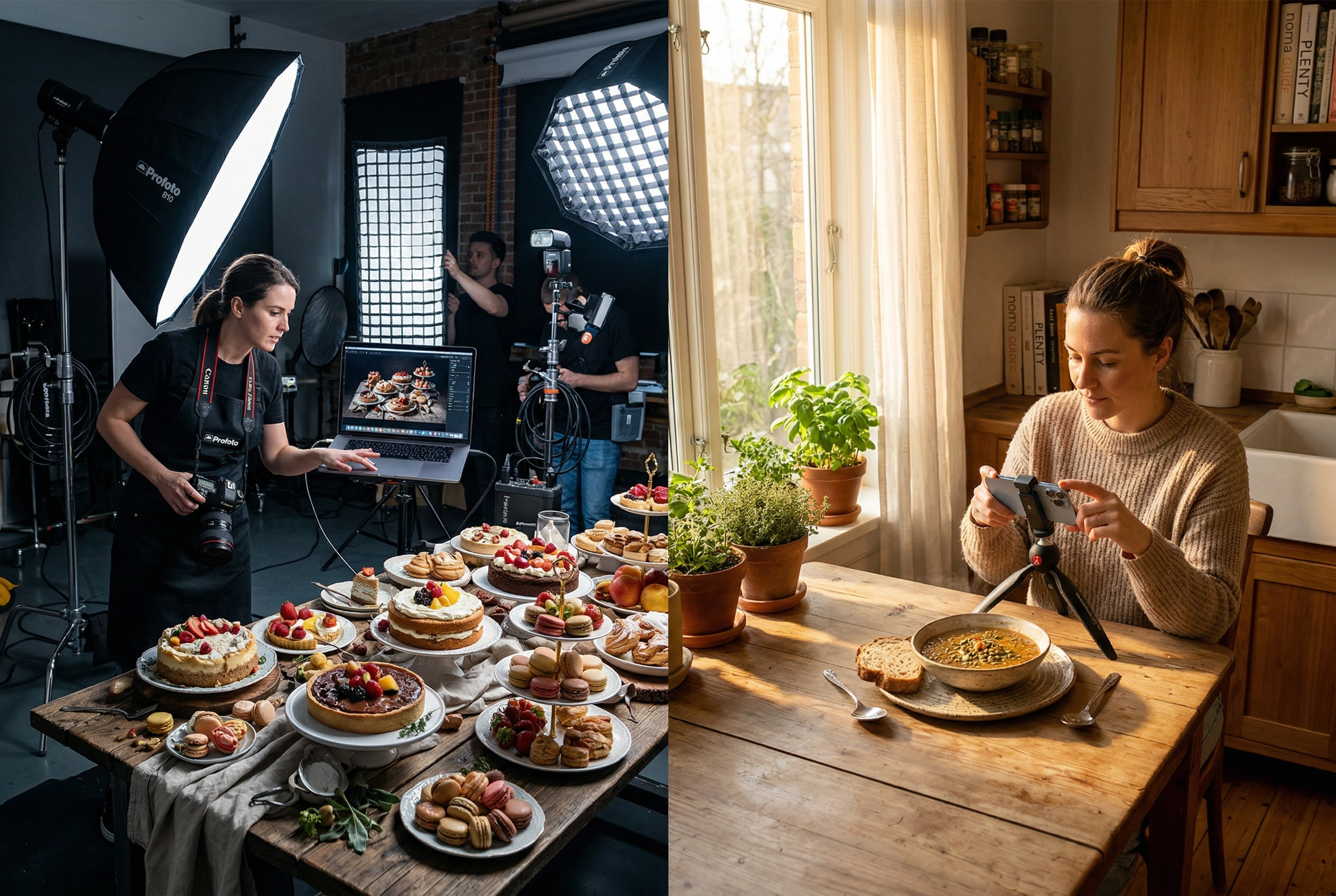 Split view comparing professional food photography studio setup with accessible home kitchen smartphone photography