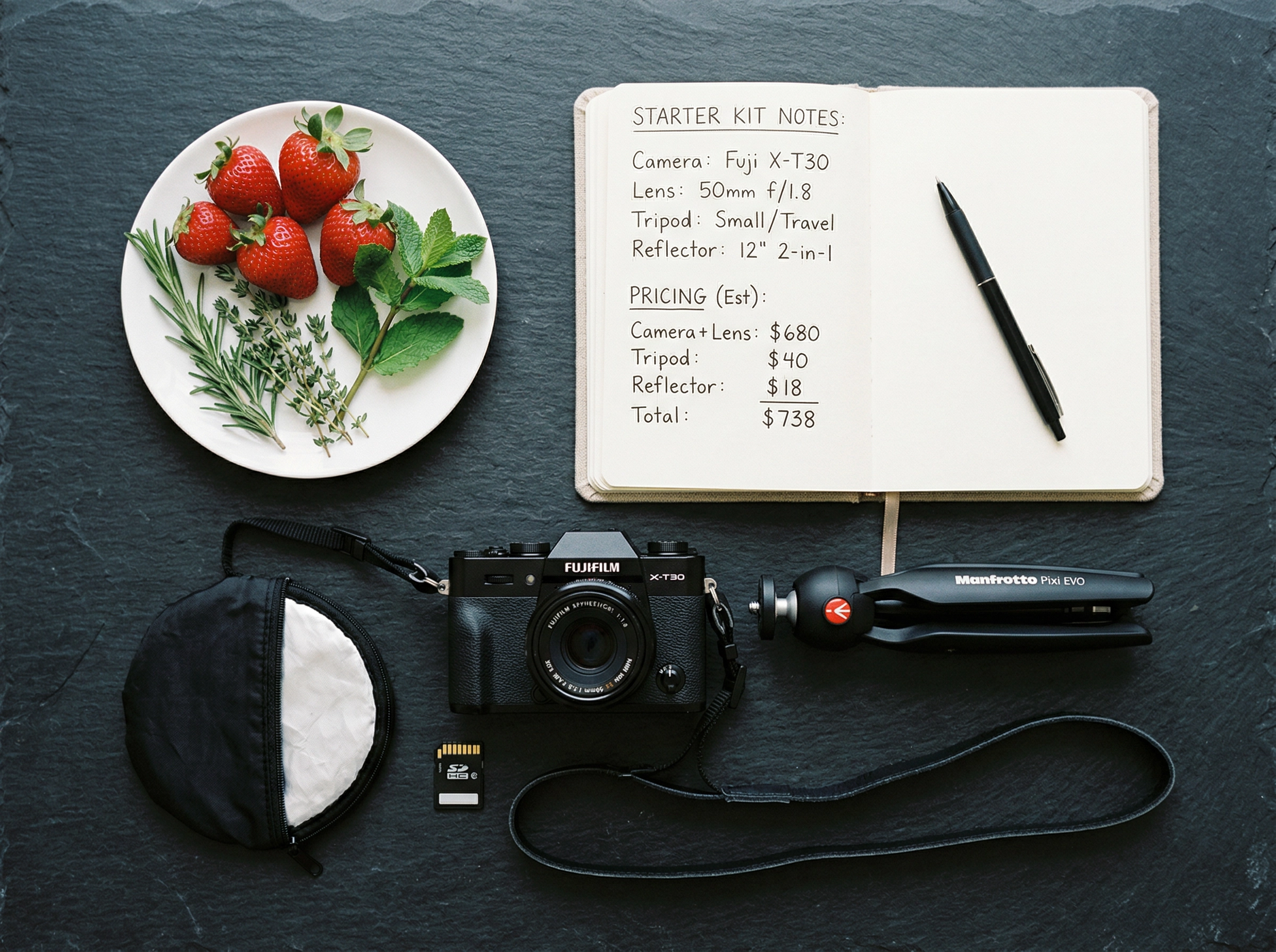 Flat-lay of essential food photography starter equipment including mirrorless camera, lens, reflector, and tripod