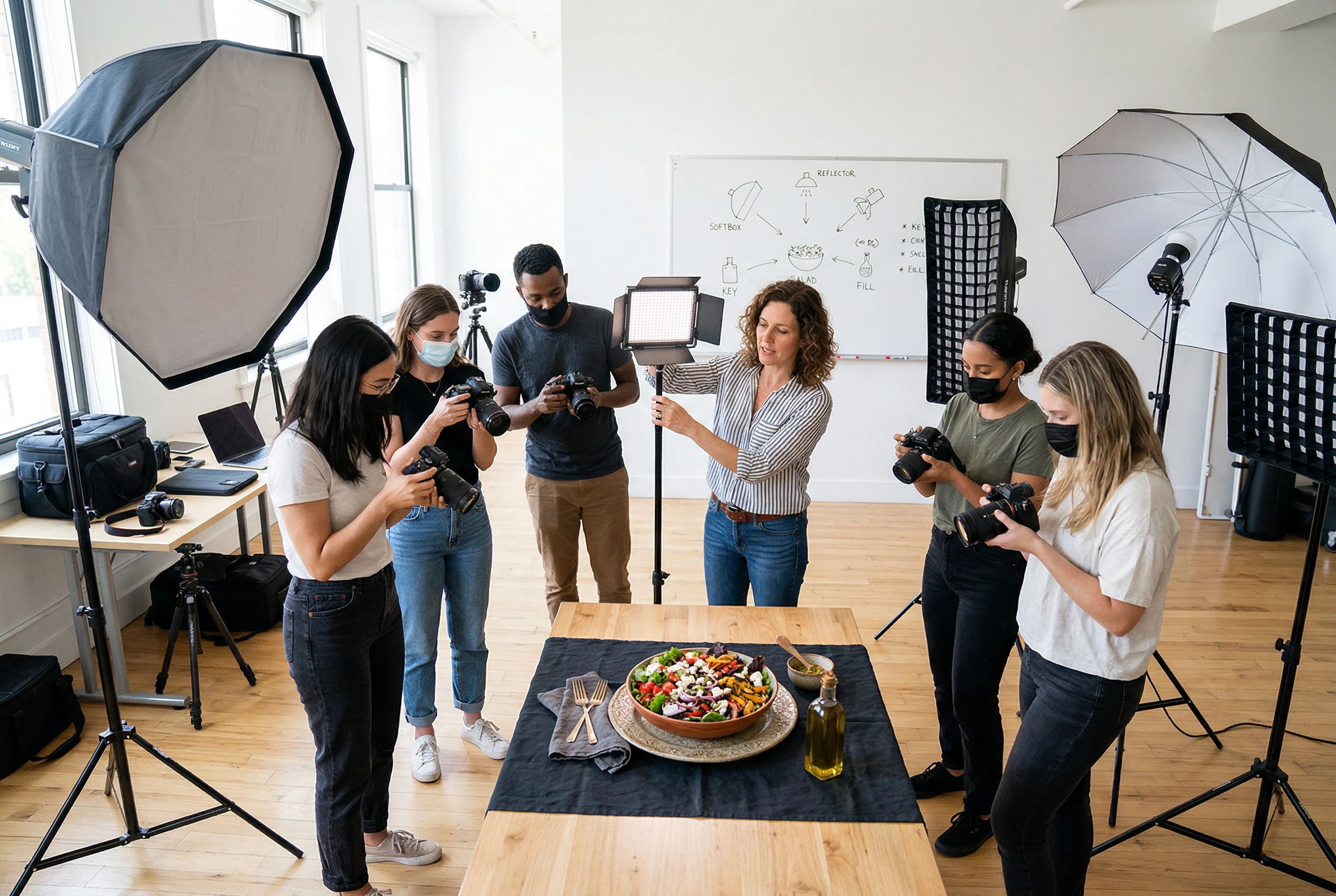 Food photography workshop with students learning lighting techniques around a styled food subject