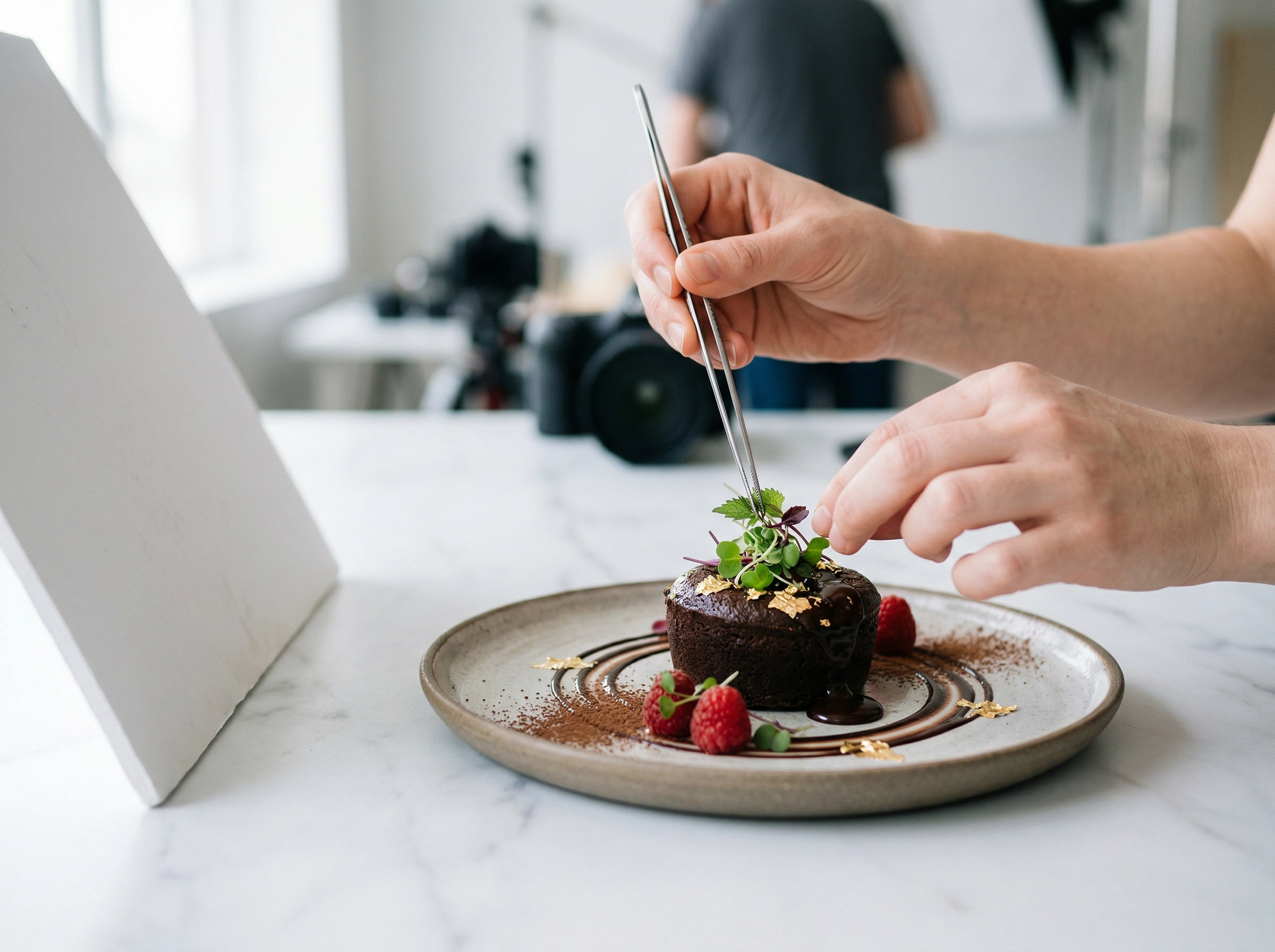 Close-up of hands using tweezers to style microgreens on a chocolate dessert during a food photography shoot
