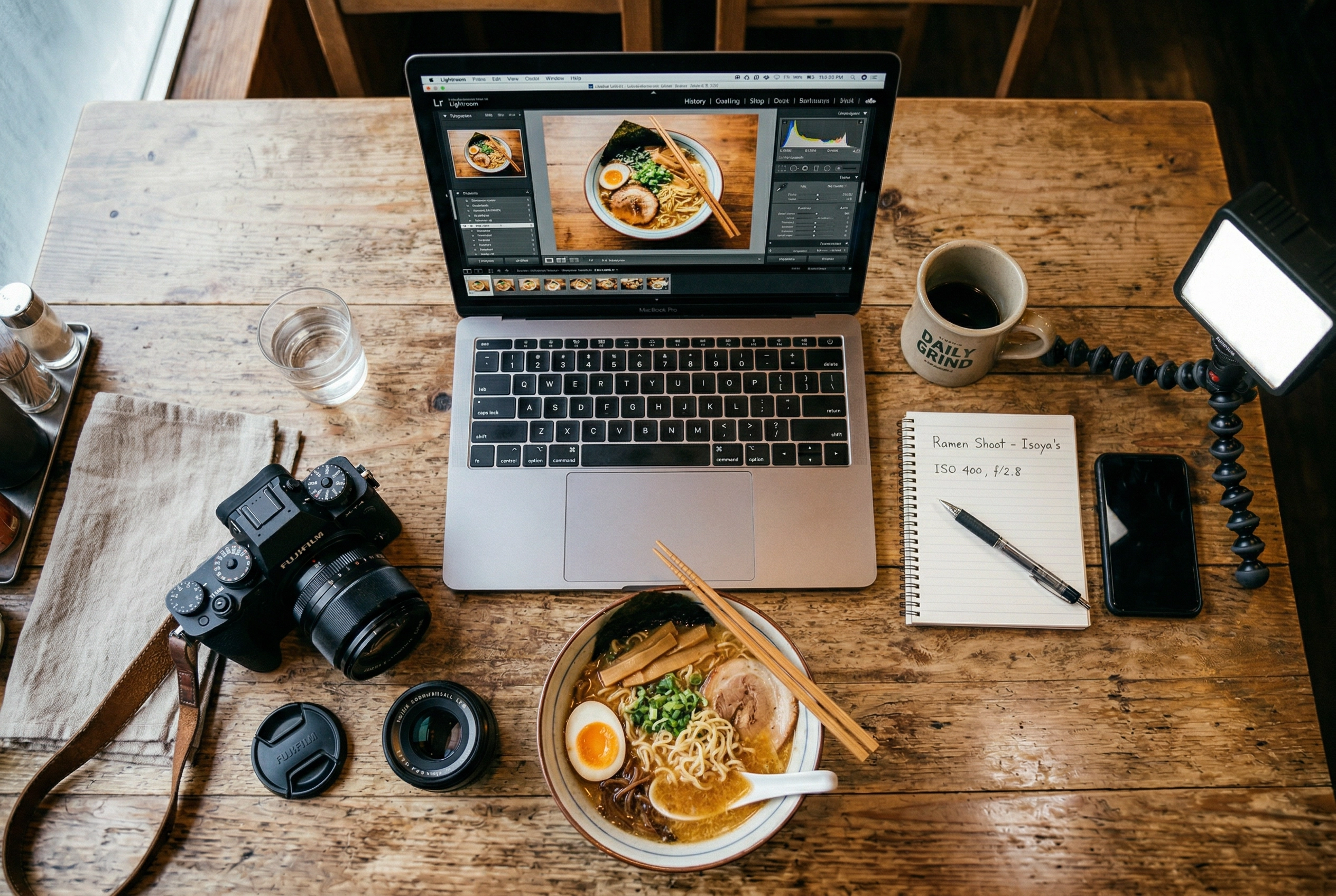 Overhead view of a freelance food photographer's portable workspace set up in a restaurant with camera and laptop