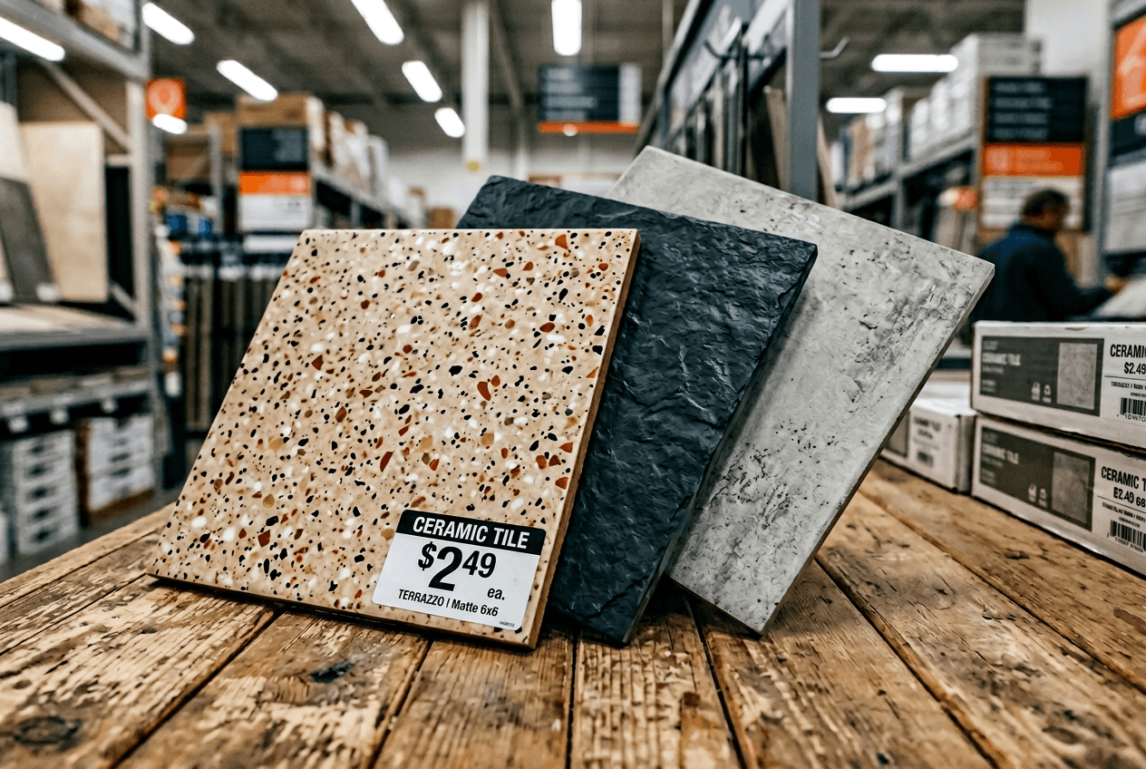 Affordable ceramic floor tiles in concrete, slate, and terrazzo finishes used as budget food photography backdrops