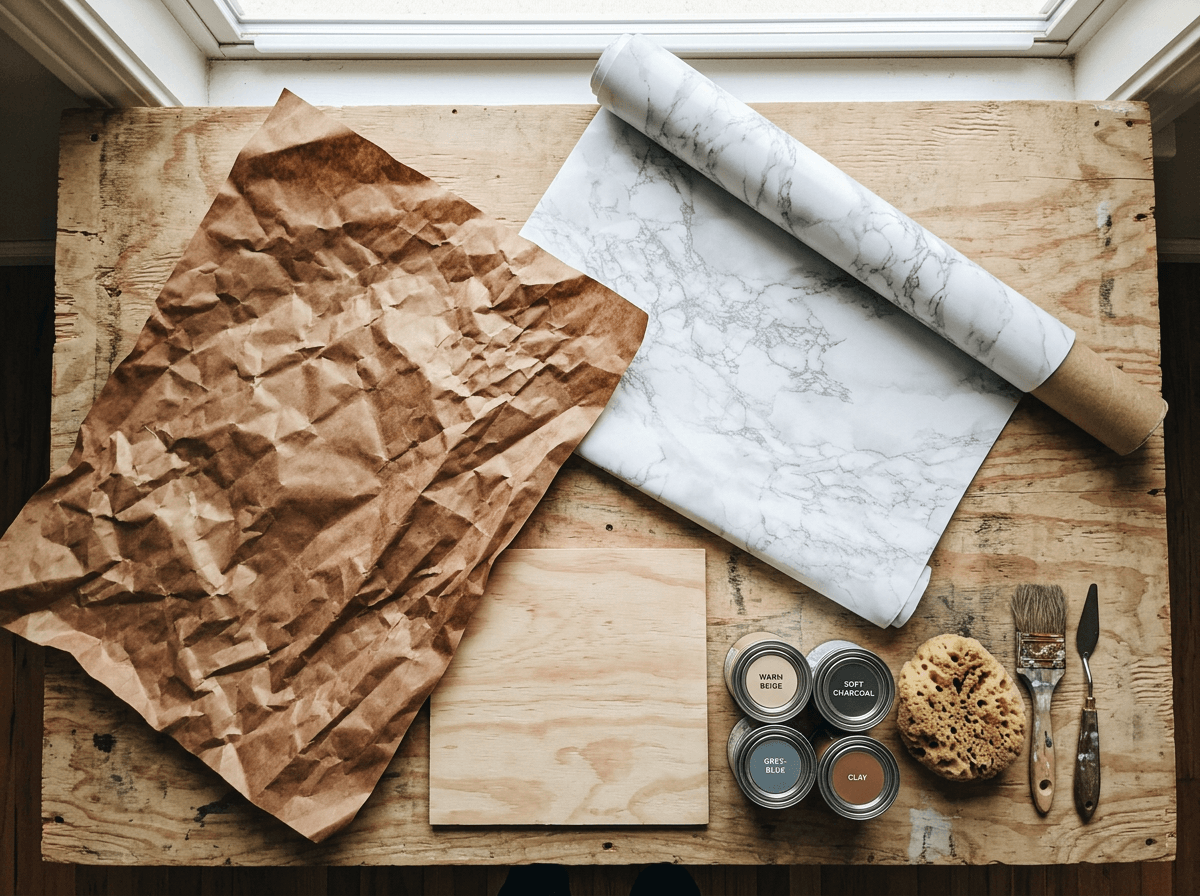 DIY food photography backdrop materials flat lay with contact paper, butcher paper, paint pots, sponge, and plywood