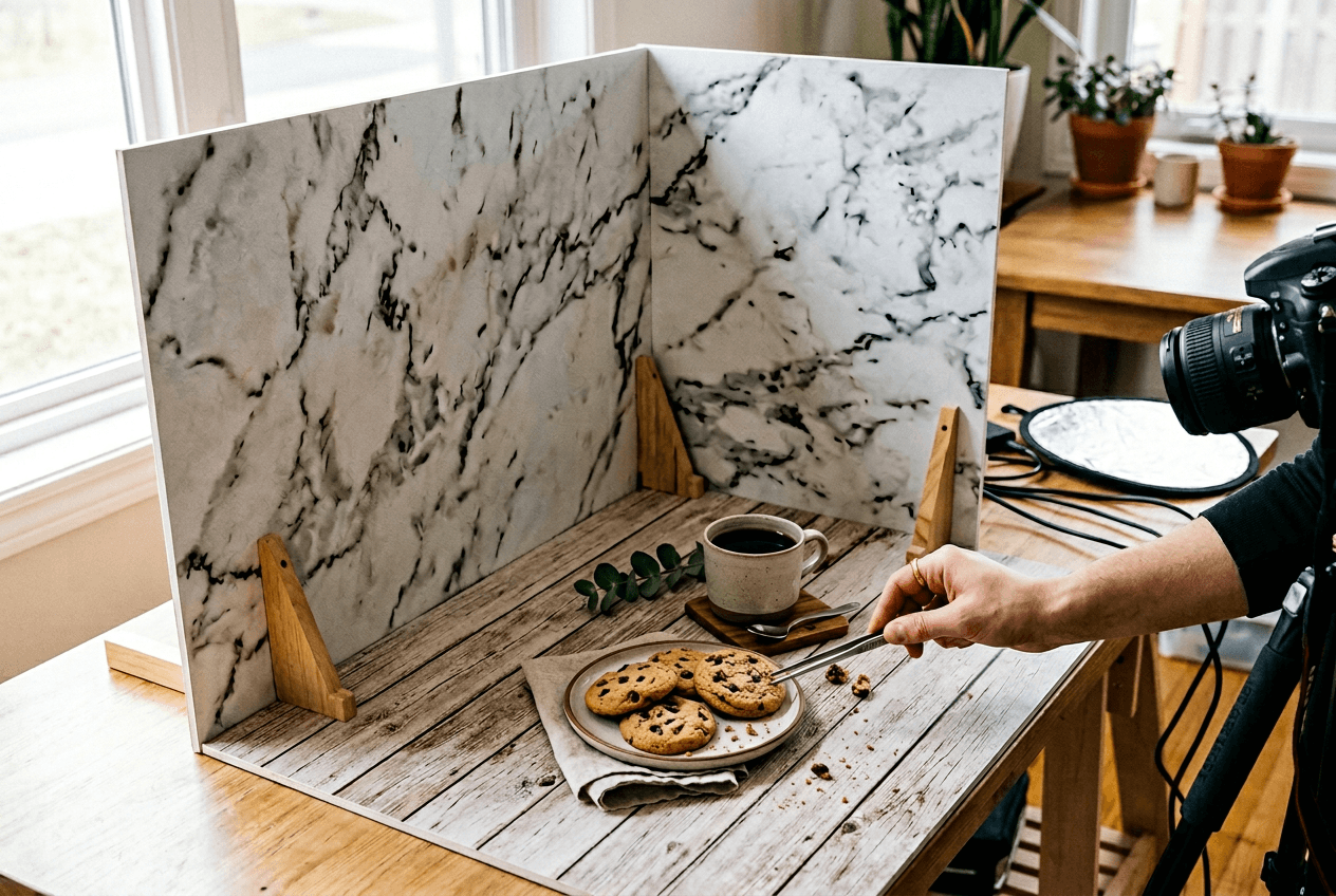 Food photography backdrop board setup showing floor-to-wall L-shaped configuration with marble and wood textures