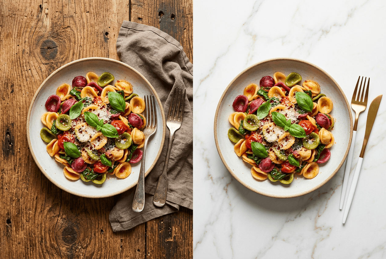 Same pasta dish on two different food photography backdrops showing rustic wood versus white marble styling