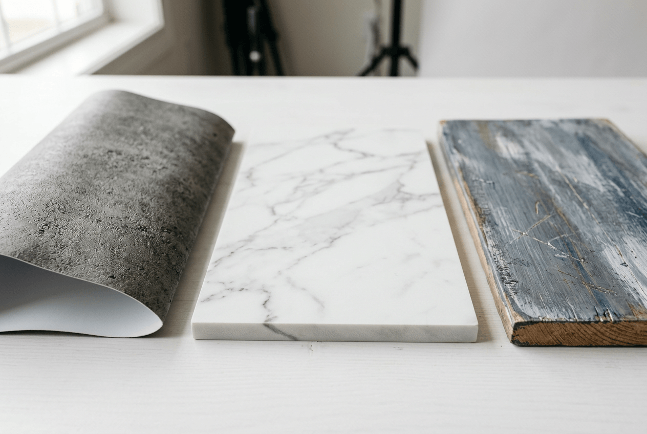 Close-up comparison of vinyl, rigid PVC board, and hand-painted wood food photography backdrop materials