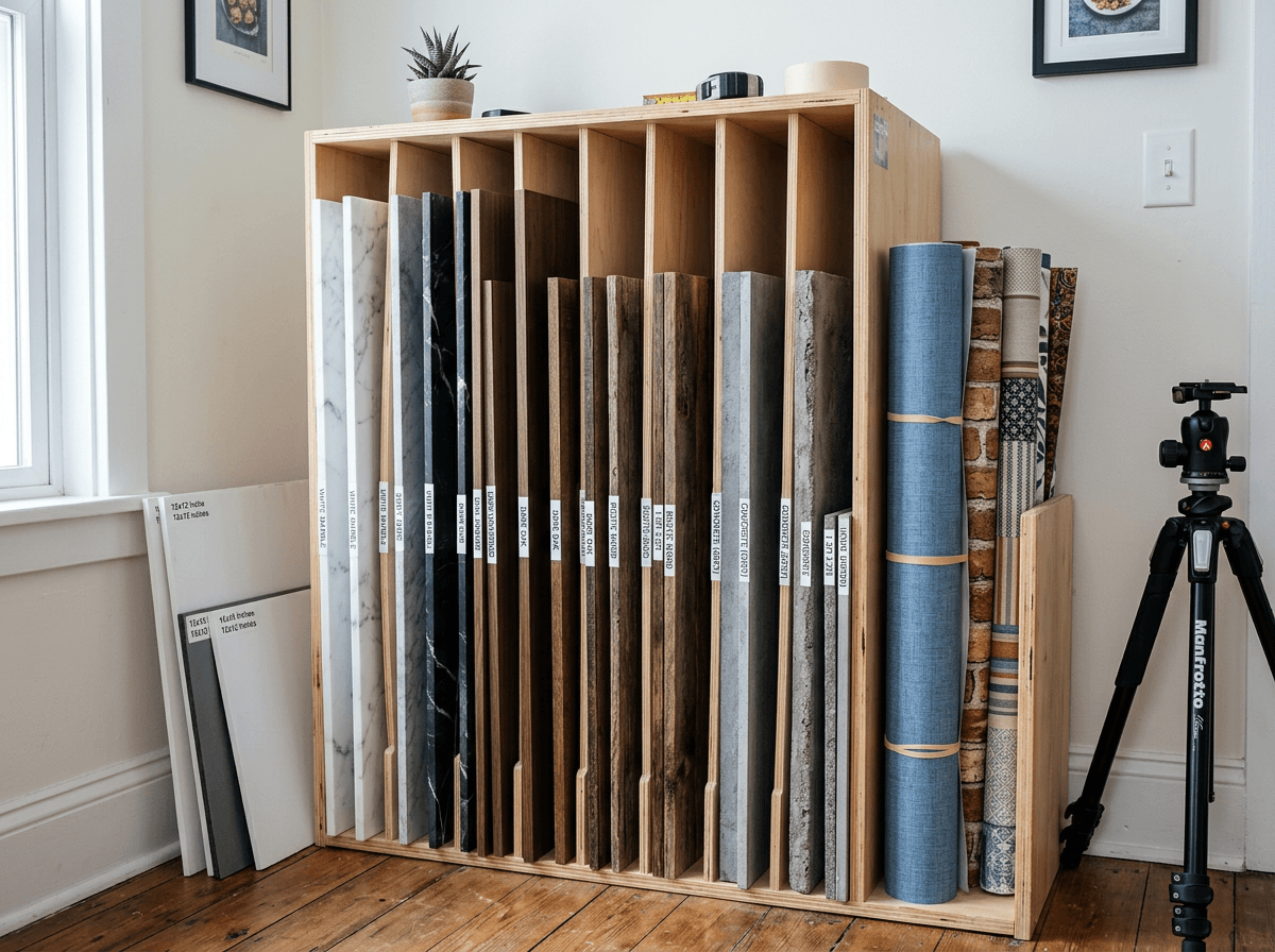 Organized food photography backdrop collection stored vertically on shelves in a home studio workspace