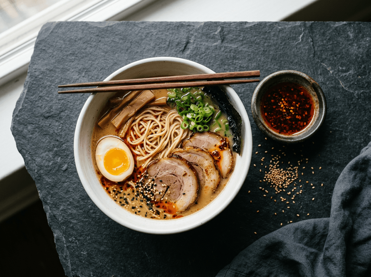 Styled ramen bowl on dark stone food photography backdrop showing how dark surfaces make food colors pop