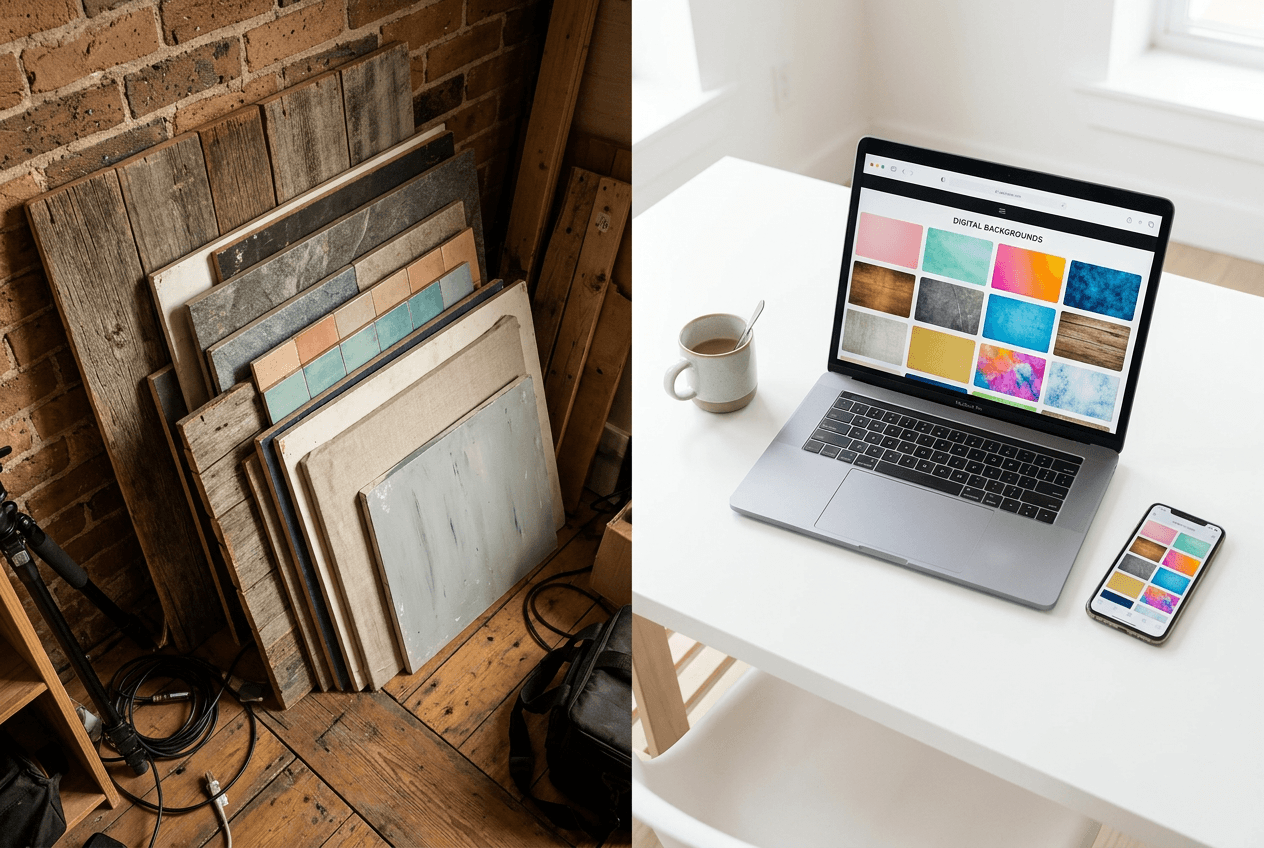 Physical food photography backdrop storage versus digital AI background alternatives showing space and convenience comparison