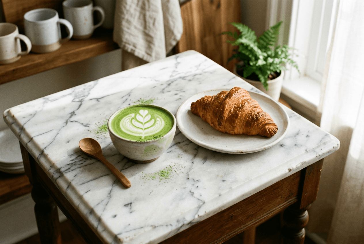 Matcha latte and croissant on real marble surface demonstrating authentic stone texture for food photography