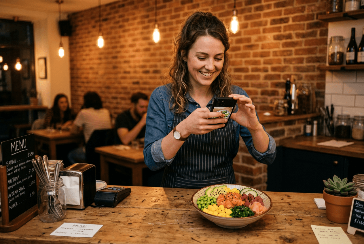 Restaurant owner photographing a dish with smartphone for AI background replacement instead of using physical backdrops