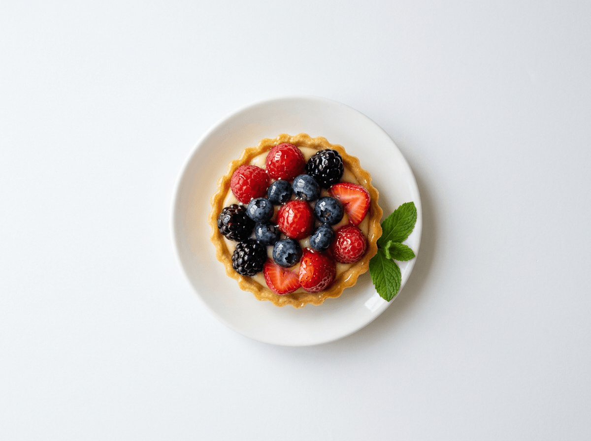 Fresh berry tart photographed on white foam board backdrop showing clean minimal food photography results