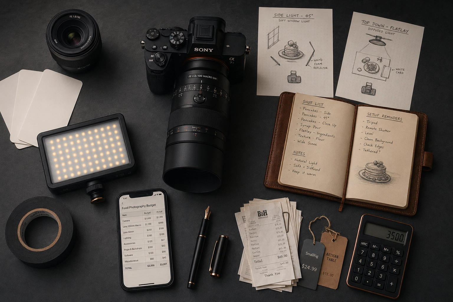 Food photography gear and budget materials laid out flat showing the real cost of becoming a food photographer