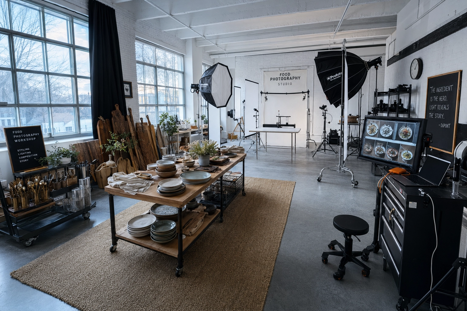 Professional food photography studio interior with proper equipment setup before a workshop class begins