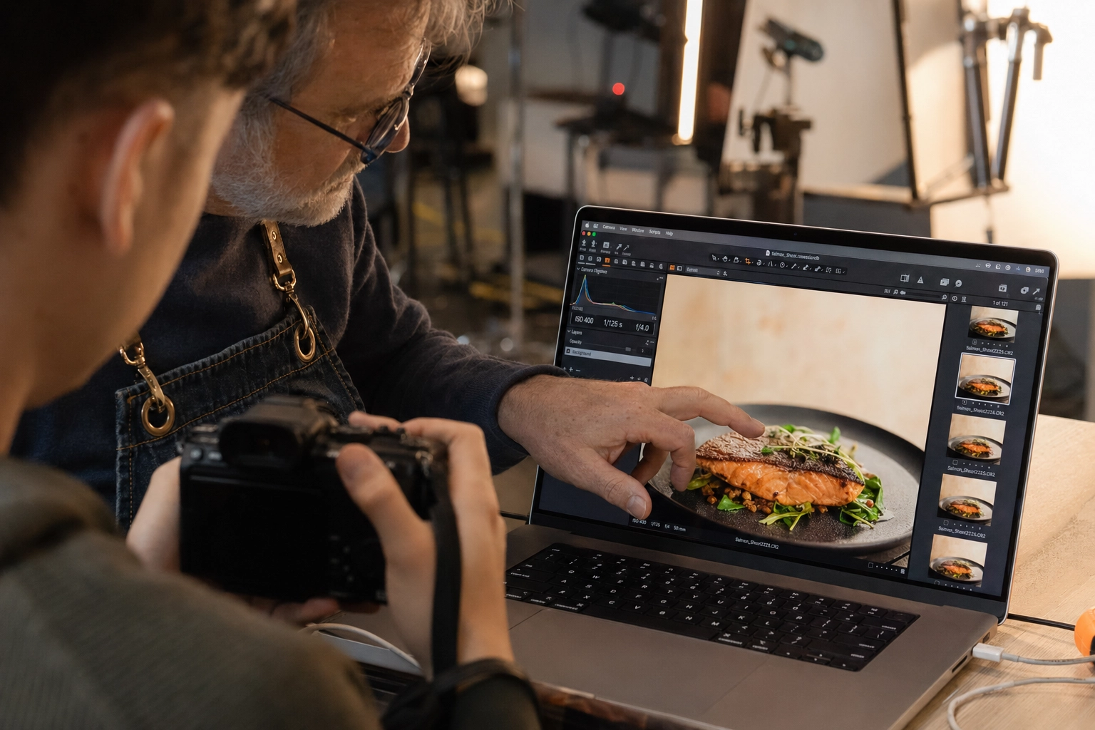 Photography instructor providing real-time feedback on tethered laptop preview during food photography workshop
