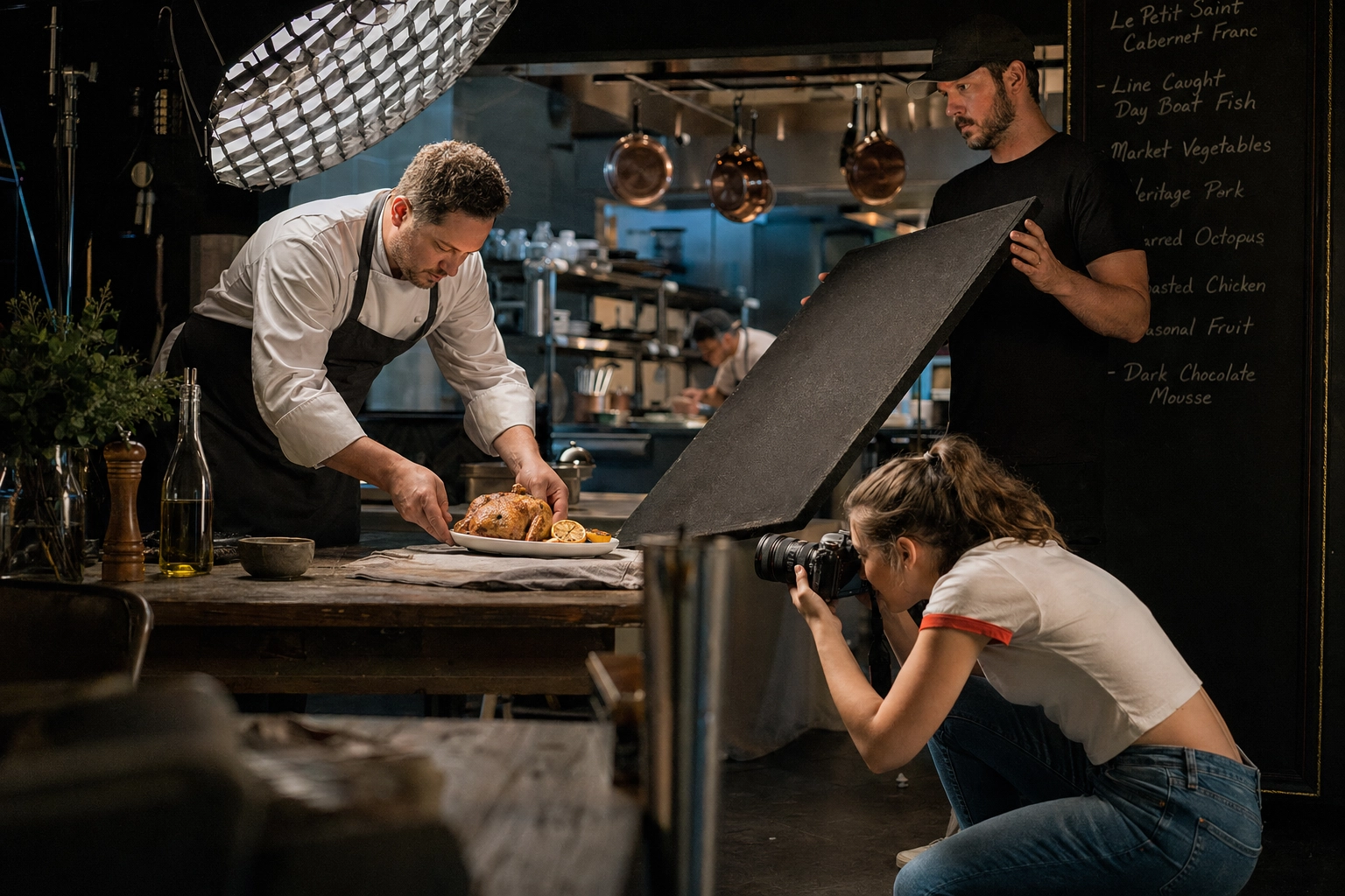 Food photography workshop participant shooting a chef plated dish on location at a working restaurant kitchen