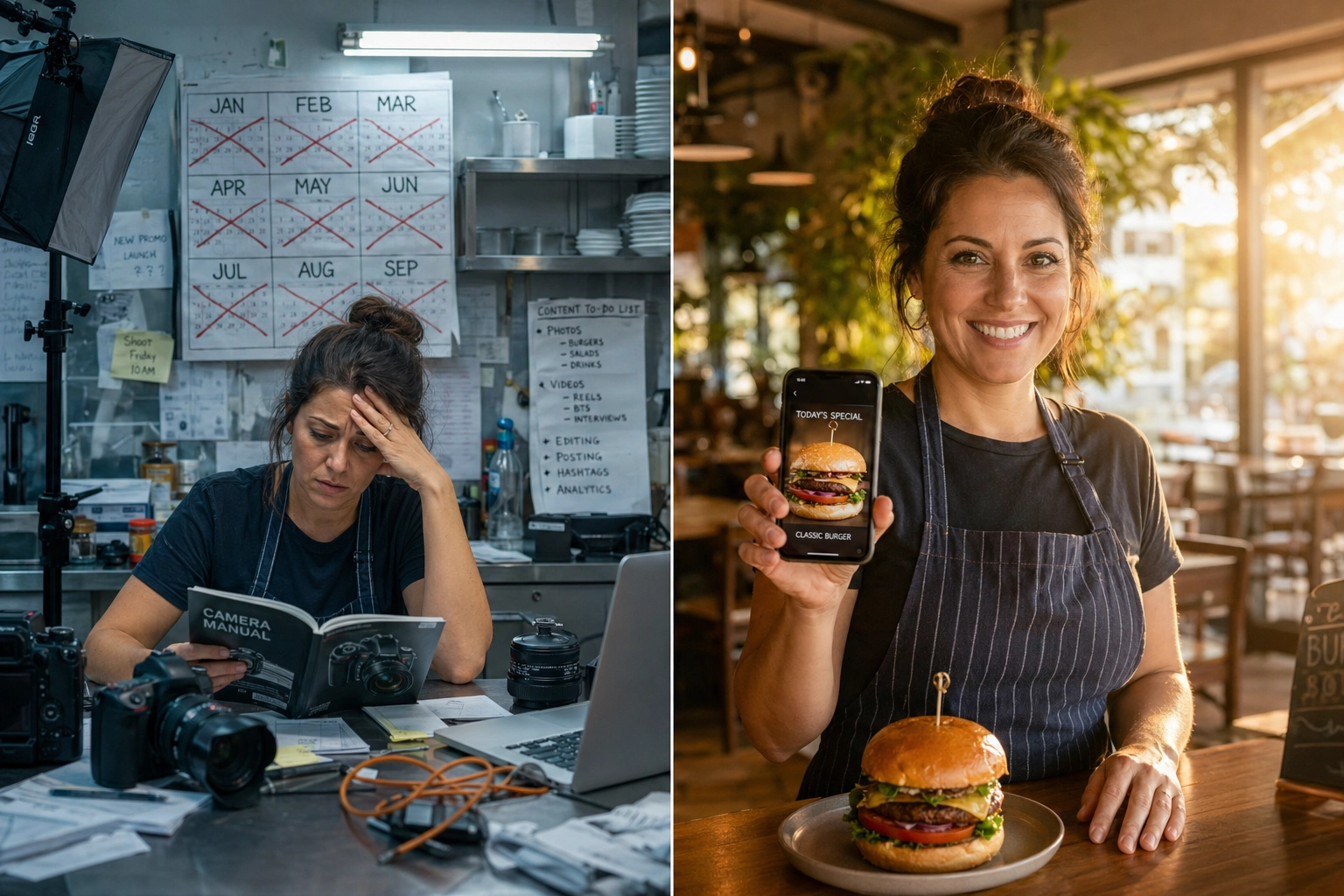 Restaurant owner choosing between long photography learning path and instant AI-enhanced menu photo solution