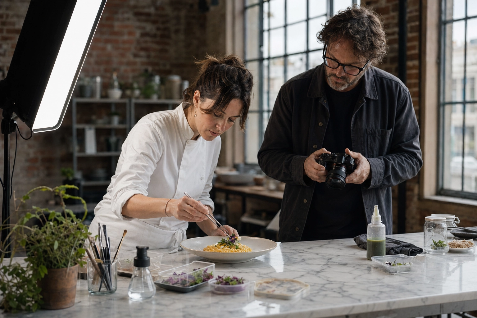 Food stylist and photographer collaborating during a hands-on food photography workshop with plated risotto