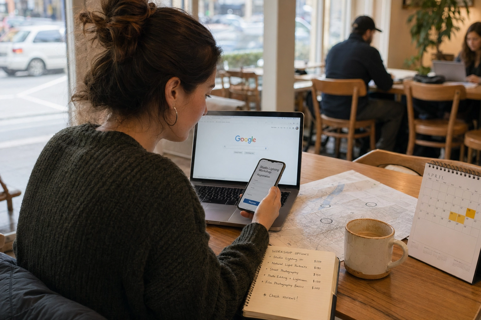 Aspiring food photographer researching local food photography classes near her in a coffee shop