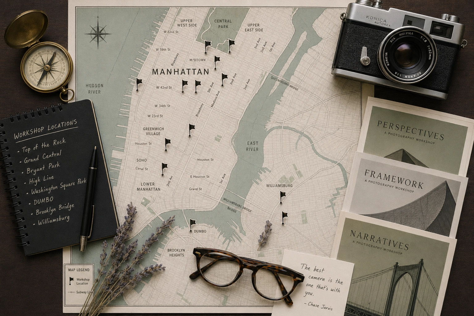 Map flat lay showing food photography workshop locations across major cities for class planning