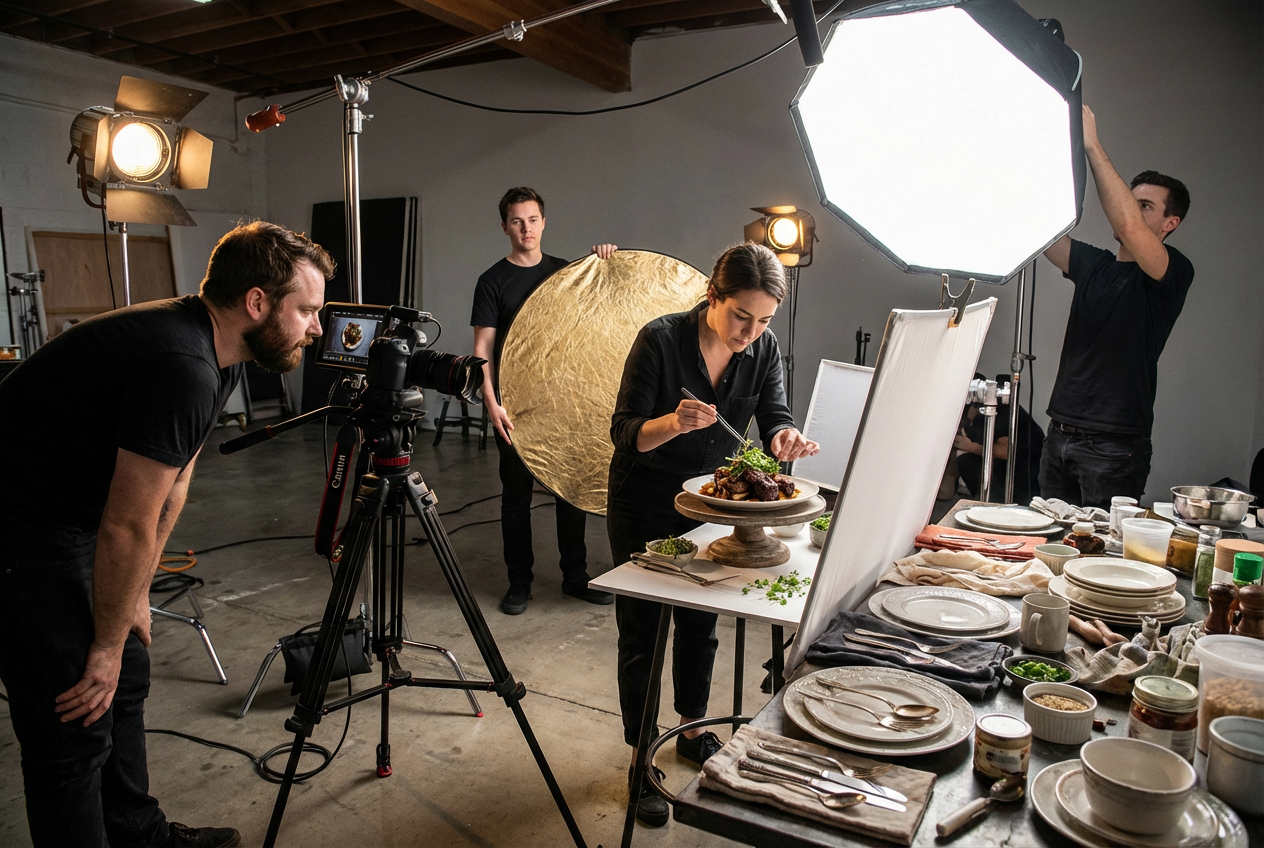 Sessão profissional de fotografia de comida em estúdio com fotógrafo, food stylist e equipamento dispendioso a mostrar os custos ocultos de produção