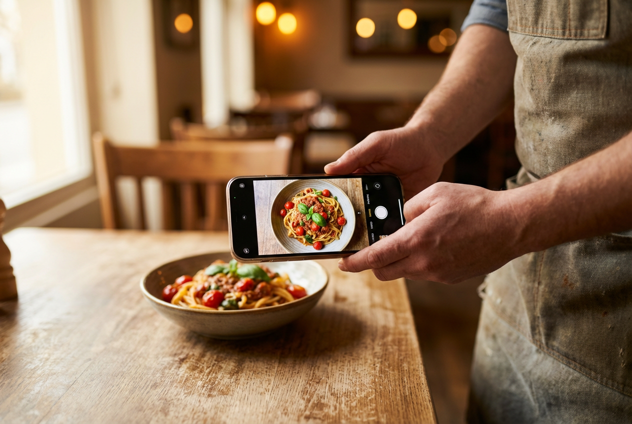 Dono de restaurante a fotografar um prato de massa com smartphone para melhoria acessível com fotografia de comida com IA