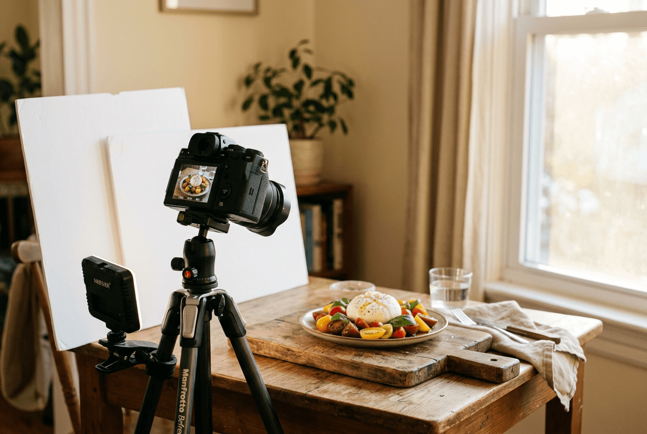 Affordable food photography course setup with budget equipment, DIY reflectors, and natural window light
