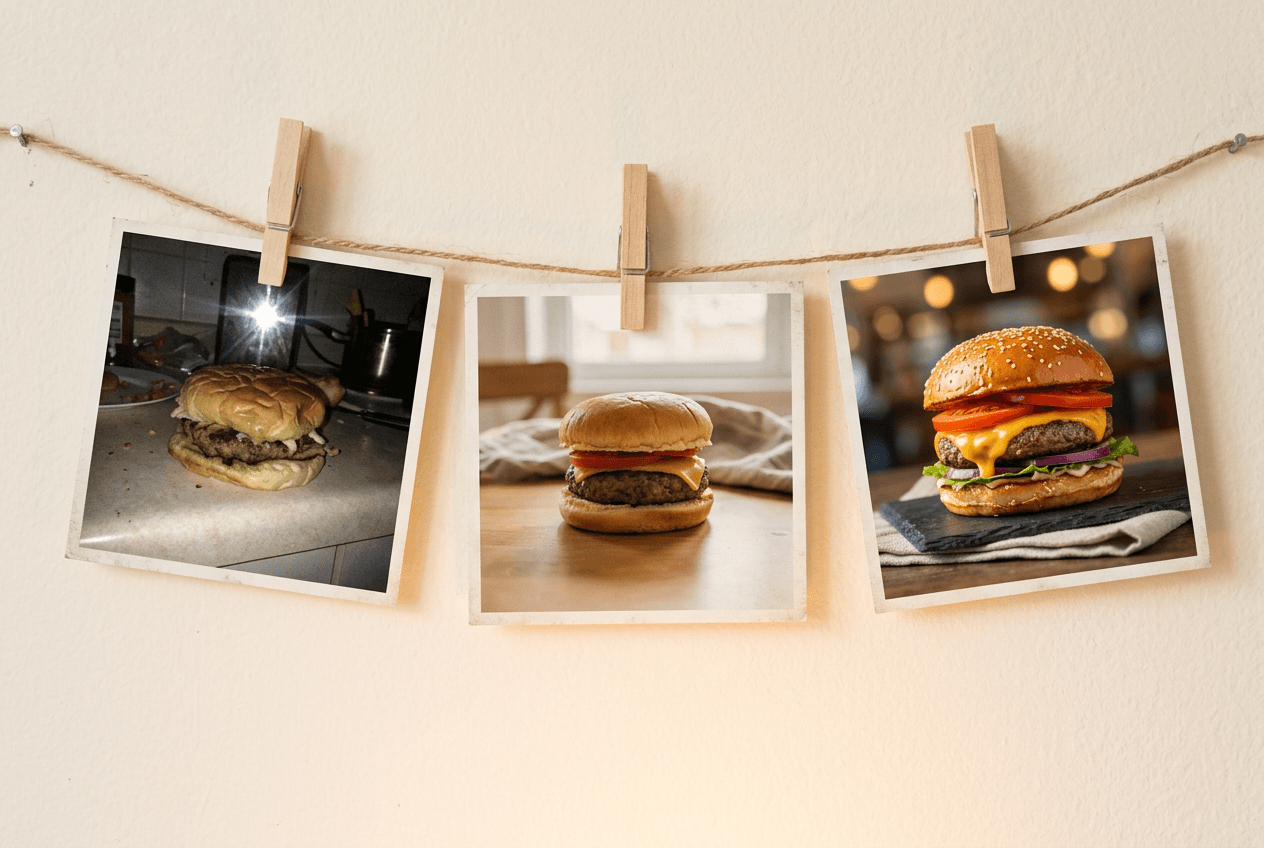 Food photography skill progression from amateur to professional quality showing learning course results