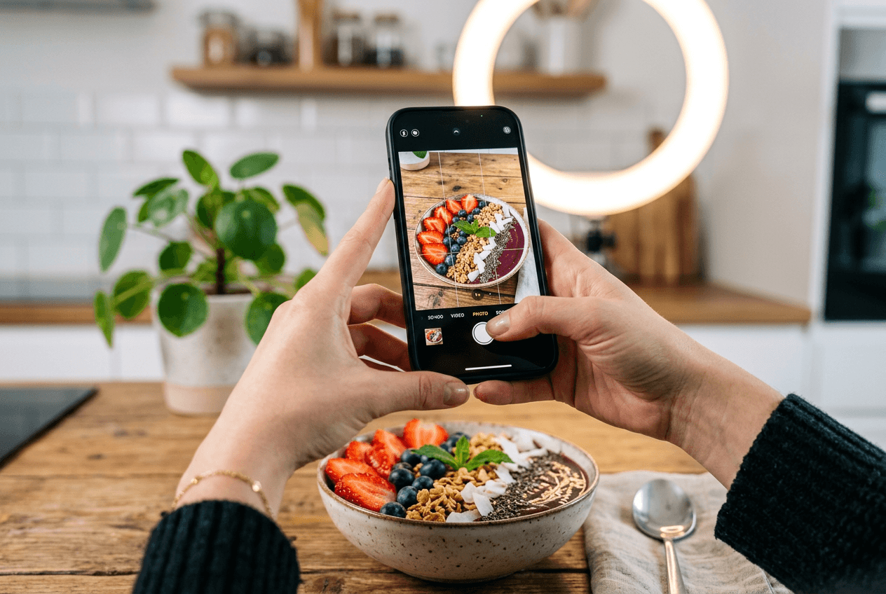 Learning food photography basics with smartphone capturing a styled acai bowl in home kitchen