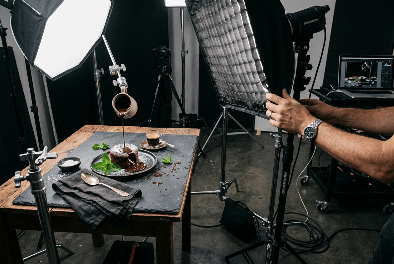 Professional food photography studio with artificial lighting setup and styled chocolate dessert