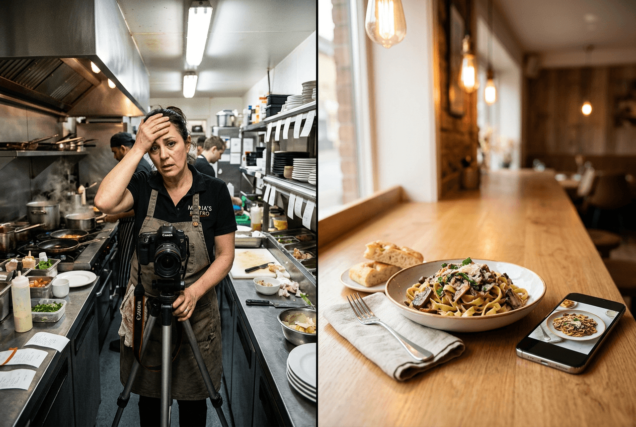 Restaurant owner comparing difficult photography setup versus easy smartphone food photo solution