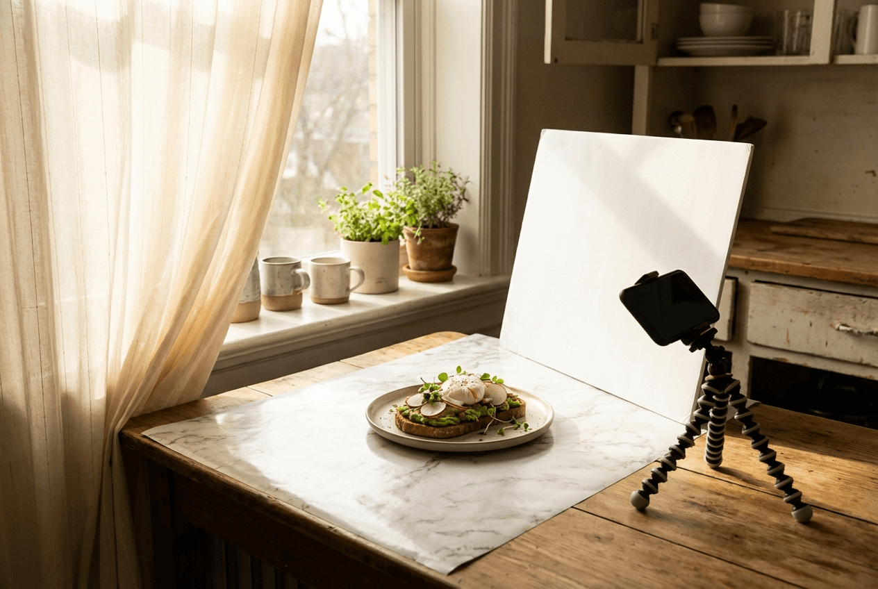 Setup débutant de photo culinaire avec trépied smartphone, réflecteur en mousse et lumière naturelle de fenêtre éclairant un avocado toast