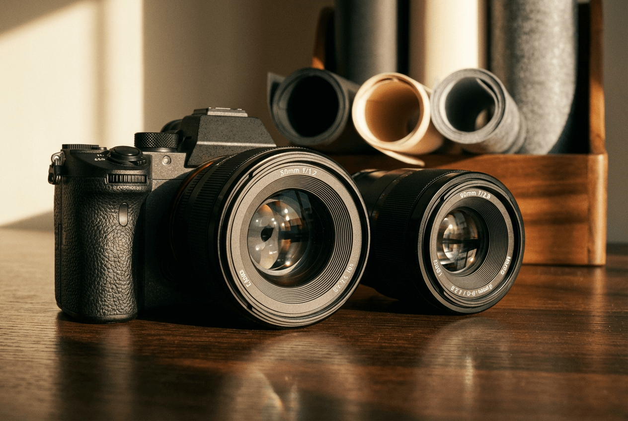 Boîtier hybride avec objectif 50 mm fixe et objectif macro 100 mm — matériel essentiel de photo culinaire