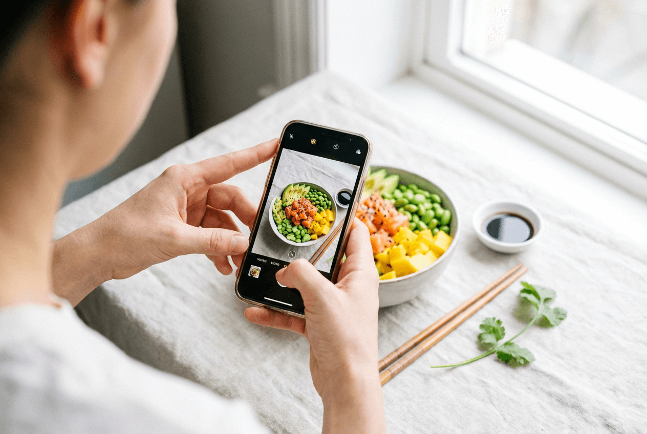 Mains photographiant un poke bowl coloré avec un smartphone près d'une fenêtre, illustrant un workflow simple de photo culinaire au téléphone