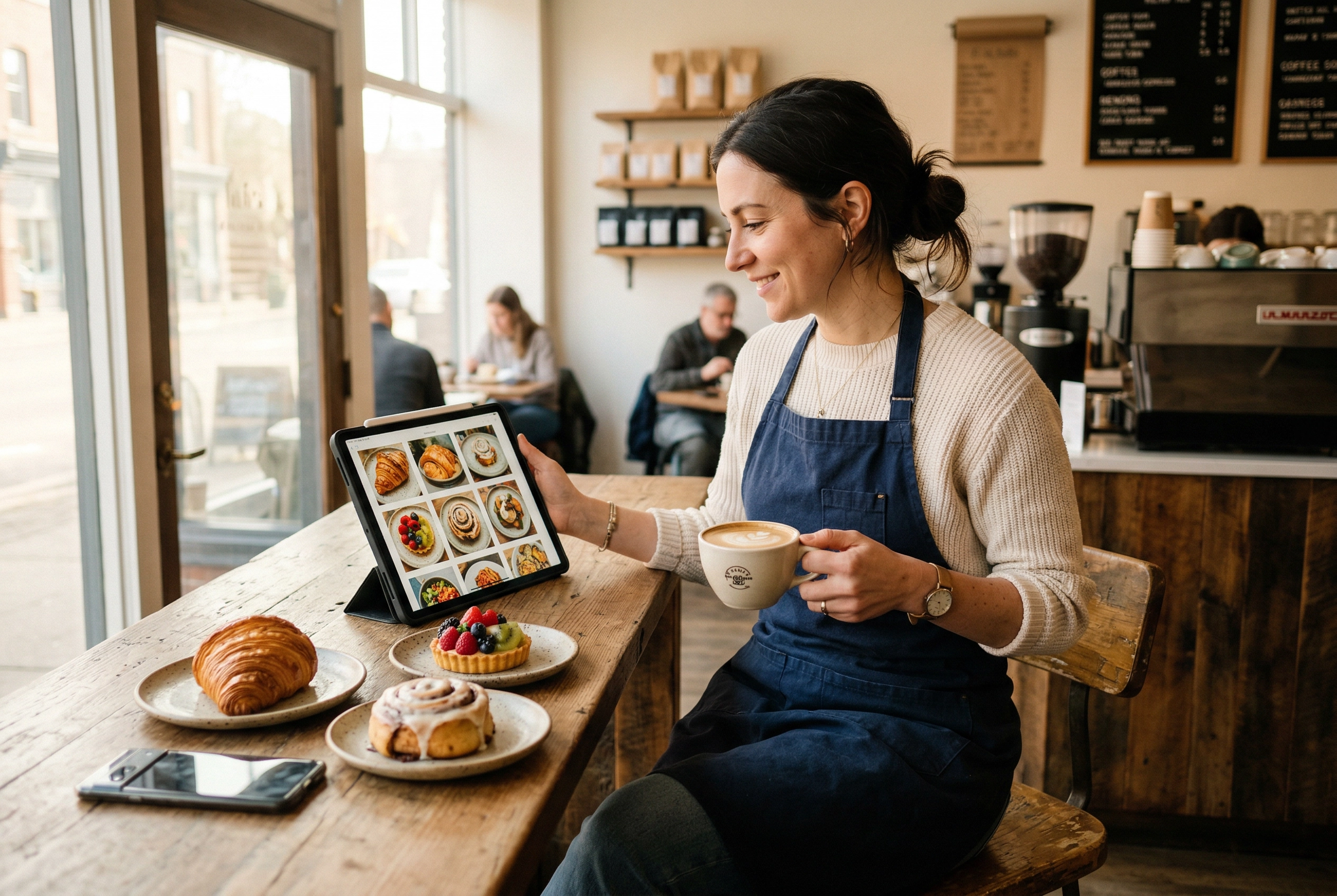 Café owner casually reviewing AI-enhanced food photos on tablet beside freshly plated pastries in morning light