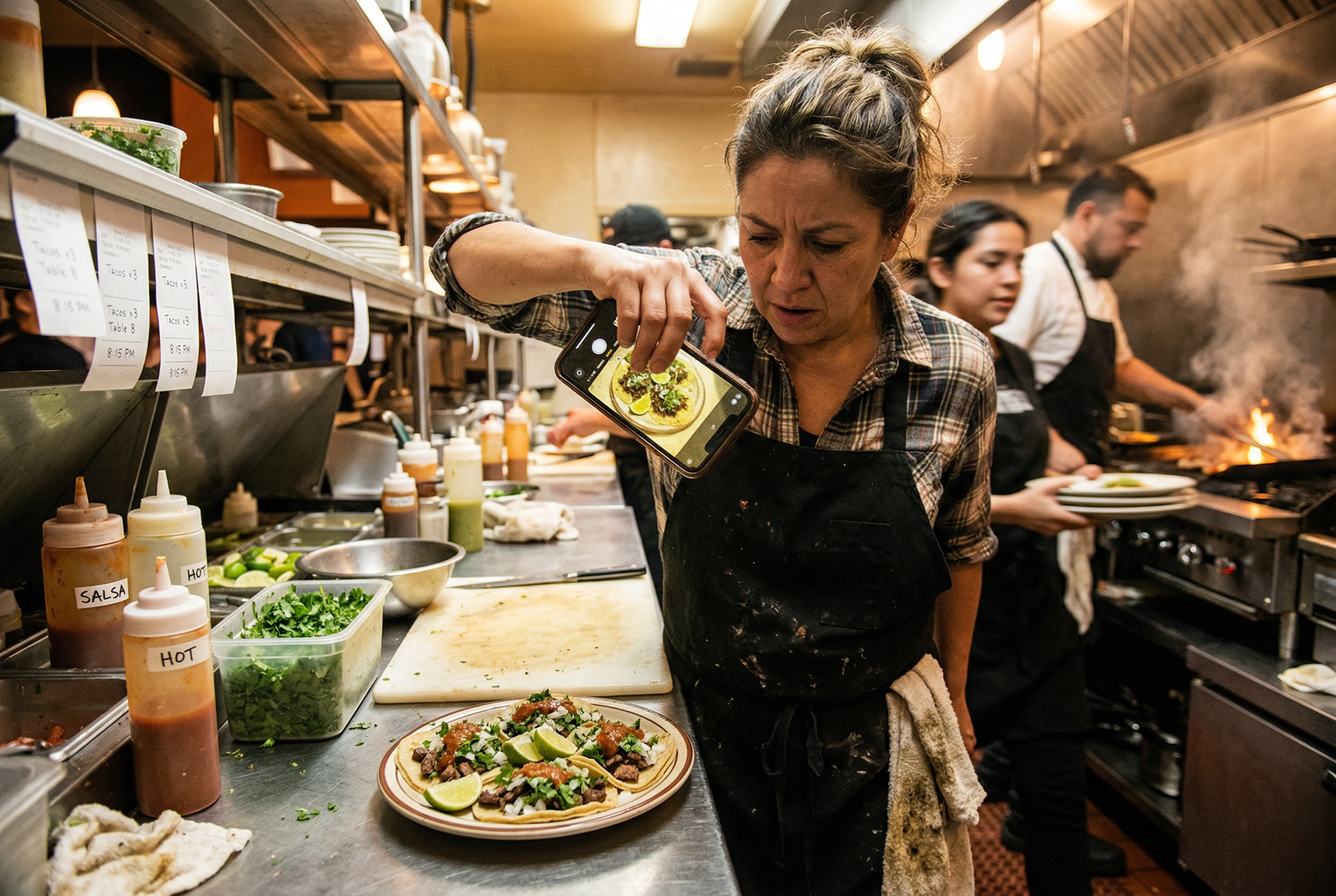 Busy restaurant owner taking rushed DIY food photo on phone amid kitchen chaos during service