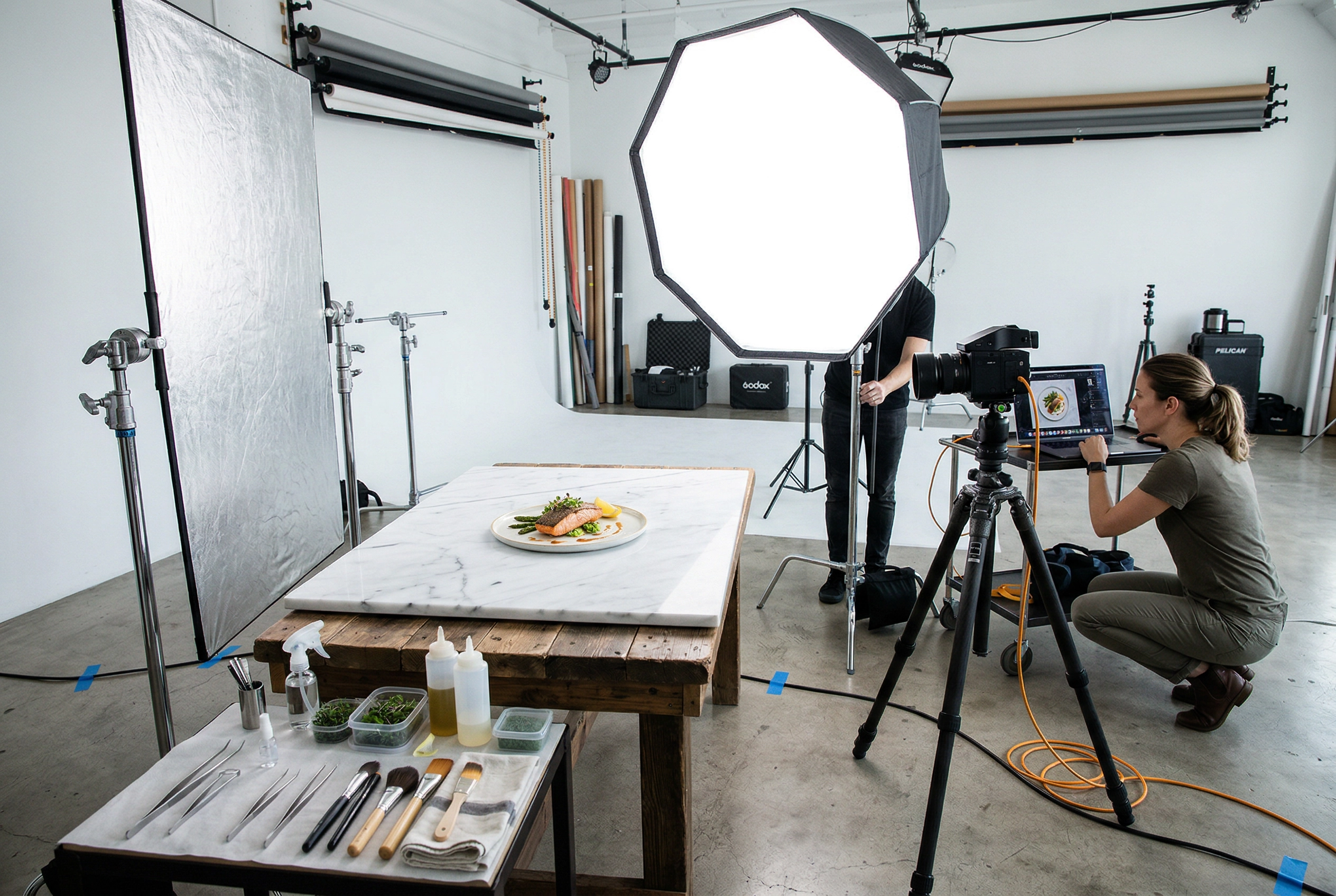Professional food photography studio with lighting equipment, stylist tools, and tethered camera setup for restaurant shoot
