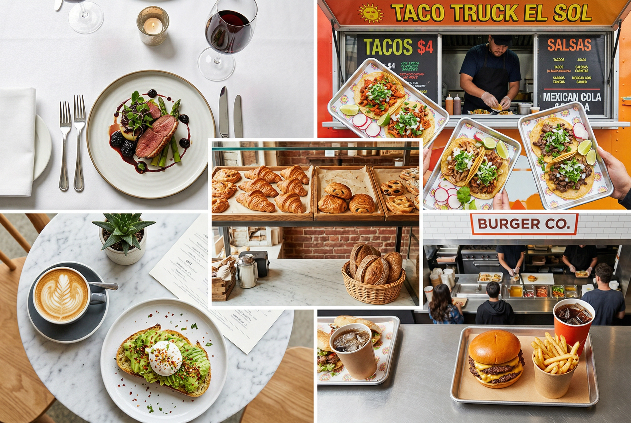 Five different restaurant types showing diverse food photography needs from fine dining to food trucks and cafés